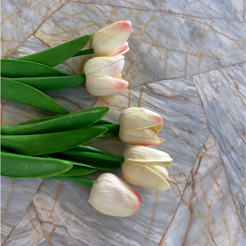 5 Piece Artificial Tulip Stems Cream Pink Faux Silk Flowers Spring Home Decor
